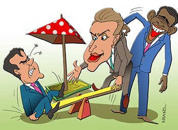 Карикатура о жесткой посадке. Шувалов: "будет жесткая посадка". На качелях Медведев и Шувалов. Обама поднимает Шувалова за воротник. карикатура