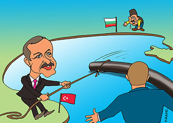 Президент Турции Тайип Эрдоган тянет веревкой трубу Южный поток. Болгарин плачет.