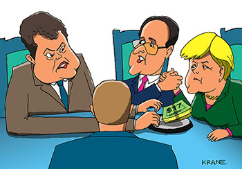 Нормандская четверка обсуждают перемирие на Домбасе. Франсуа Олланд и Меркель за столом. Порошенко положил руки на блюдце с финансовой помощью. Карикатура