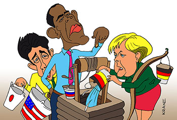 Карикатура о санкцияъ. Меркель выливает воду из ведра в колодец по приказу Обамы. У Барака свое большое ведро на готове черпать из российского колодца. Премьер Японии тоже готовит свое ведро.