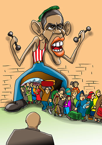 Карикатуры. Шпана из подворотнии пугает людей. Обама и беженцы из Африки и Востока. Из Сирии и Афганистана бегут в Европу.