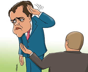 Карикатура о черной полосе. Путин спрашивает - Медведева Как дела? Дела как сажа бела. Черная полоса, за ней должна быть белая по закону.