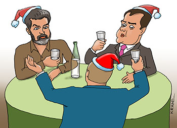 Карикатура о стакане. Путин поднял бокал и предлагает поднять Медведеву и Дальнобойщику. Стакан на половину пуст или наполовину полон.