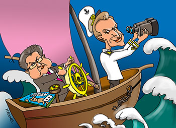Карикатура про экономику. План выхода из кризиса. На корабле капитан Шувалов и рулевой Улюкаев.