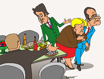 Карикатура о санкциях. Путин приглает к его столу европейских политиков. Меркель и Олланд проходят мимо. Итальянский премьер Маттео Ренци очень хочет присоединиться