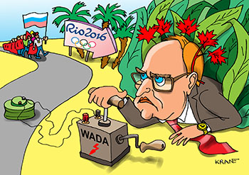 Карикатура об анти допинговый скандал. Ричард Макларен комиссия по антидопингу взрыватель крутит в кустах у дороги. Сборная России едет на олимпиаду в Бразилии