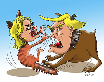 Карикатура про выборы президента США. Хилари Клинтон и Дональд Трамп как кошка с собакой дерутся.