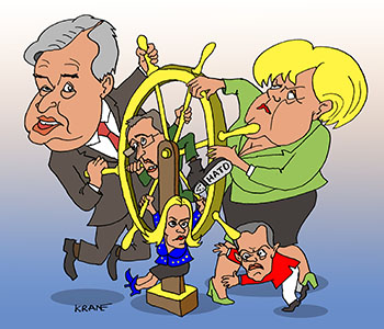 Карикатура про штурвал Европы. За штурвалом корабля Меркель, Могерини, Туск, Столтенберг НАТО, Гутерреш ООН