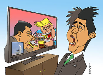Карикатура о разделе мира. Президент Китая Си Цзиньпин подавился тортом. Трамп уплетает самые жирные кусочки. Премьер-министр Японии Синдзо Абэ в ужасе наблюдает это на экране телевизора