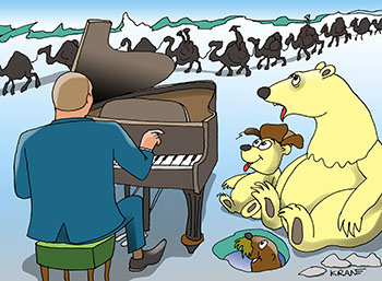 Карикатура о шелковом пути. Путин наигрывает мелодию на рояле. Белые медведи слушают и удивляются видя караван верблюдов в Арктике