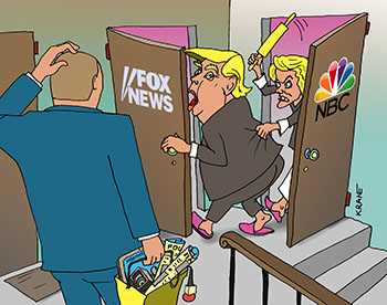 Карикатура о СМИ. Трамп выскочил из двери NBC и пошел в Fox news channel/ Мегин Келли бьет его скалкой