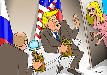 Карикатура про встречу Трампа и Путина. Иванка Трамп пыталась прервать разговор двух мировых лидеров.