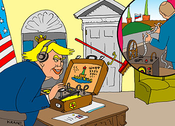 Карикатура про шпиона Трамп. Трамп в Овальном кабинете по рации передает шифрованное сообщение Путину. Дверь в кабинет закрыта на швабру. Путин принимает в Кремле шифровку из США.