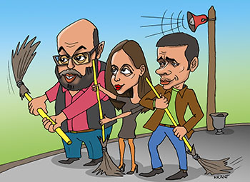Карикатура про выборы. Подметают улицу. С метлой Илья Яшин, Илья Азар, Люся Штейн