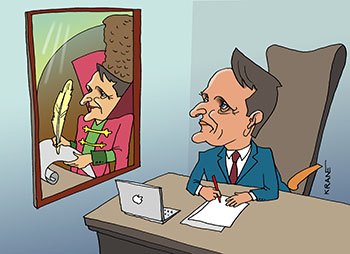 Карикатура про Нарышкина. Нарышкин в кабинете смотрит в зеркало и видит себя боярином в царских палатах