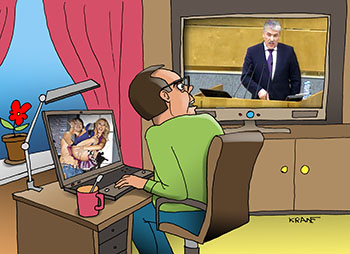 Карикатура про выборы. Обыватель не смотрит на монитор ноутбука с голой жопой, а смотрит на экран телевизора. По телевизору выступает кандидат в президенты.