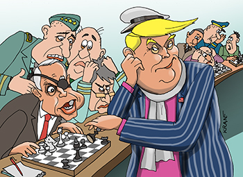 Карикатура про Трампа. Трамп как Остап Бендер играет в шахматы сеанс одновременной игры. Маккейн с одним глазом записывает все ходы гроссмейстера.