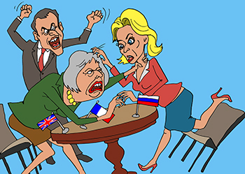 Карикатура про дипломатов. Дипломатические драки. Макрон, Тереза и Захарова дерутся