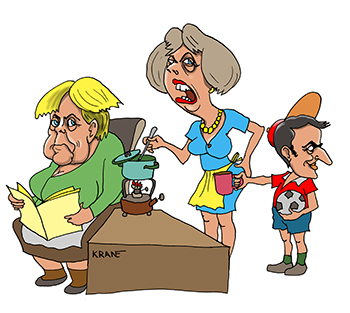 Карикатура про коммуналку в Европе. Тереза Мэй варит в кастрюльке на керогазе в коммуналке. Меркель читает в кресле. Макрон с мячом просит налить в кружку.