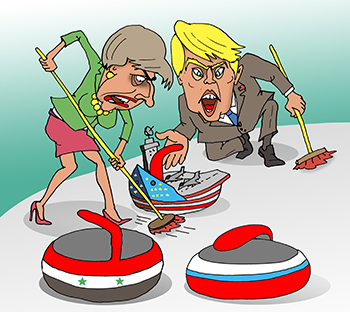 Карикатура про керлинг. Тереза Мэй и Трамп играют в керлинг. Камень США авианосец выбивает камень Сирии и России