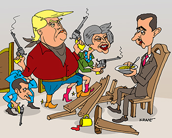 Карикатура про Сирию. Трамп с кольтом как ковбой устроил погром в кабаке. Асад успел спасти свою тарелку. Тереза Мэй и Макрон в компании с Трампом.
