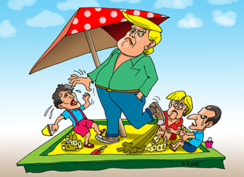 Карикатура про Трампа. Трамп пинает песочные замки в песочнице Меркель и Макрон плачут. Джастин Трюдо обиделся.