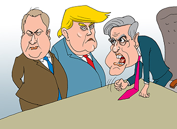 Карикатура про руку Кремля. Спецпрокурор США Роберт Мюллер отчитывает Трампа и Майка Пампело гос секретаря