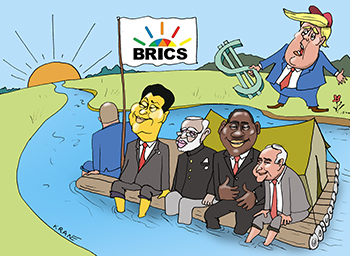 Карикатура про БРИКС. Лидеры стран БРИКС и Трамп с долларом