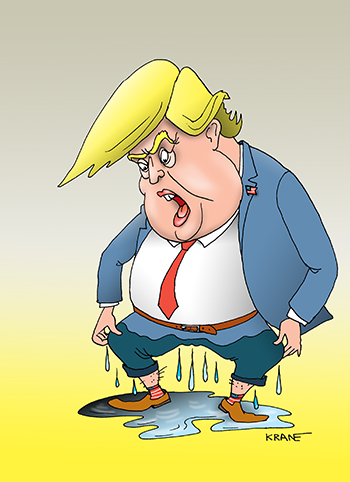 Карикатура про Трамп с мокрыми штанами. Голубая волна намочила Трампу штаны по самые...