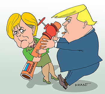 Карикатура про газопровод в Европу. Трамп пытается отобрать у Меркель газопровод. 
