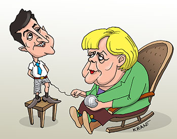 Карикатура про Зеленского. Меркель распускает штаны и сматывает нитки в клубок. Зеленский декларирует на табуретке.