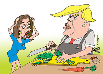 Карикатура про политическую кухню. Трамп режет зелень на кухне. Спикер палаты представителей конгресса США демократ Нэнси Пелоси прибежала на политическую кухню.