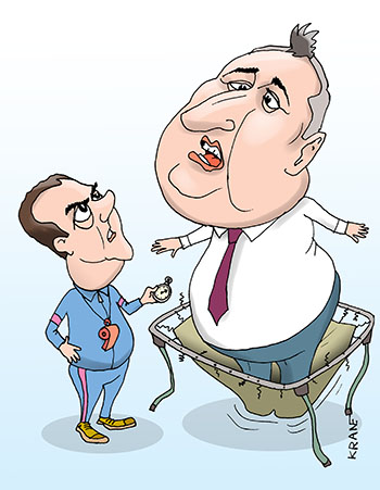Карикатура про прыжок Рогозина. Рогозин прыгает на батуте. Медведев с секундомером как тренер
