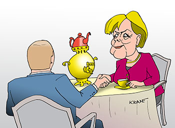 Карикатура про Меркель. Меркель пьет чай из самовара
