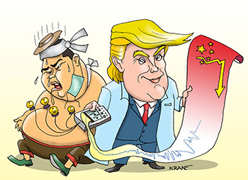 Карикатура про короновирус. Трамп кардиограмму с китайской экономики снимает. Толстая китайская экономика страдает от эпидемии нового вируса.