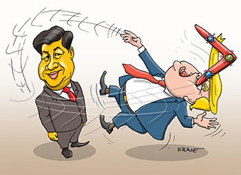 Карикатура про бумеранг. Трамп кинул бумеранг в китайского лидера. Коронавирус как бумеранг прилетел обратно Трампу в лоб.