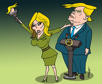 Карикатура про выборы в США. Мелания Трамп агитирует голосовать за мужа Трампа.