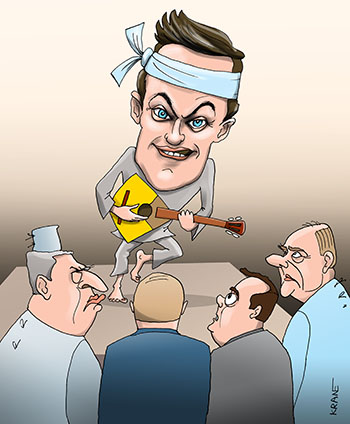Карикатура про Собачье сердце. Навальный пляшет с балалайкой на столе. Зюганов, Жириновский, Медведев отвергают такое шоу.