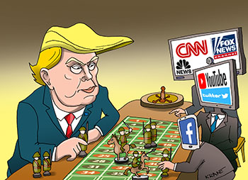 Карикатура про Трамп играет в казино со СМИ и социальными сетями.
