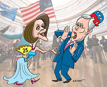 Карикатура про Майкл Пенс и Нэнси Пилоси в капитолии США на карнавале с 25 поправкой.