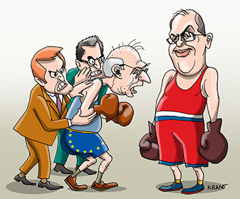 Карикатура про Баррель как глава европеской международной политики приехал в Москву для встречи с Лавровым.