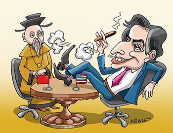 Карикатура про дипломатические переговоры с Китаем. Энтони Джон Блинкен — американский государственный деятель, Государственный секретарь США ведет переговоры с Китаем.