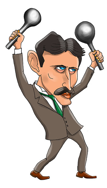 Карикатура об ученом физике. Никола Тесла, Nikola Tesla; 10 июля 1856, изобретатель в области электротехники и радиотехники, инженер, физик. Родился и вырос в Австро-Венгрии.