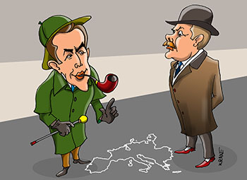 Карикатура про выход Англии из Евросоюза. Шерлок Холмс и доктор Ватсон у мелом начертаном контуре расследуют кто убил Евросоюз.
