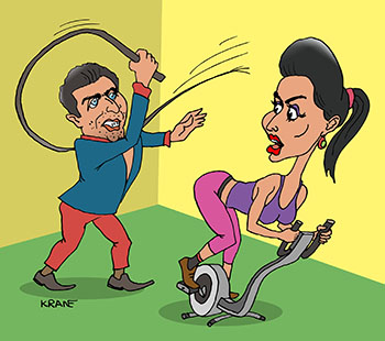 Карикатура про Матч ТВ. Тина Канделаки на велотренажере. Артур Джанибекян подгоняет плёткой Тину. Матч ТВ