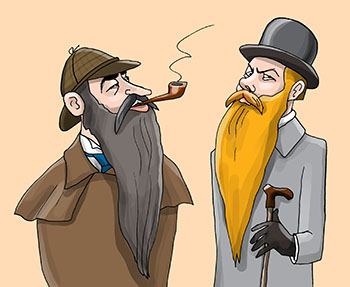Карикатура про Шерлок Хомс и доктор Ватсон. Ше?рлок Холмс и доктор Ватсон беседуют. Как вы догадались, Холмс? Это элементарно, Ватсон!