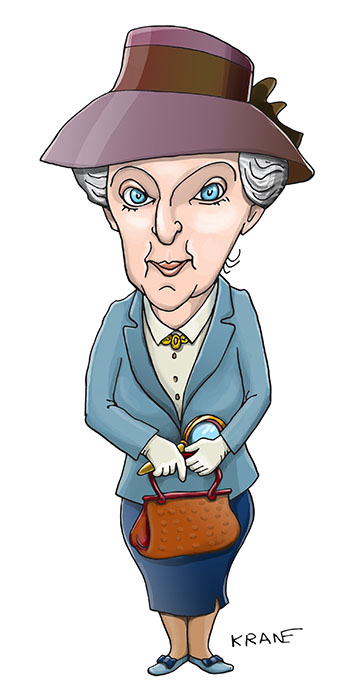 Карикатура про Мисс Марпл — персонаж детективов Агаты Кристи, появившаяся в сборнике рассказов «Тринадцать загадочных случаев» и в 12 её романах. Марпл — старая дева, детектив-любитель, живущая в английской деревушке Сэнт-Мэри-Мид.