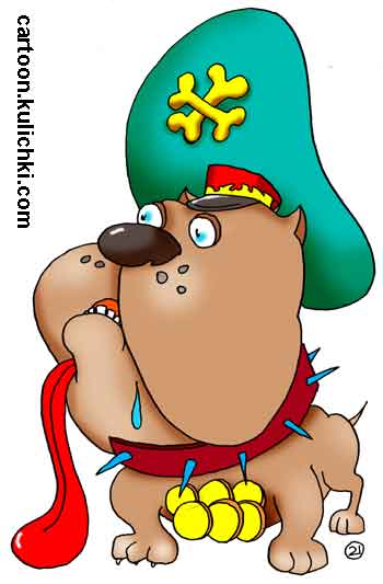 Карикатура о елочных украшениях в год собаки. Для служебного пса ордена и медали - самые лучшие украшения. Бульдог в фуражке с кокардой.