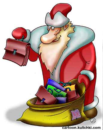 Карикатура про Новый год. Дед Мороз в правительстве на Новый год дарит чиновникам новые портфели, новые должности.