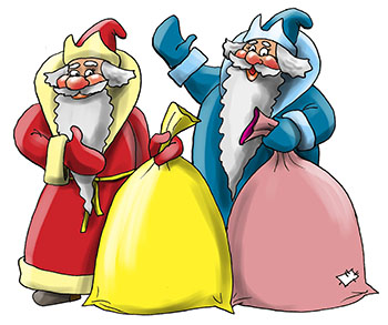 Карикатура про Деда Мороза. Два деда Мороза с подарками. Два мешка